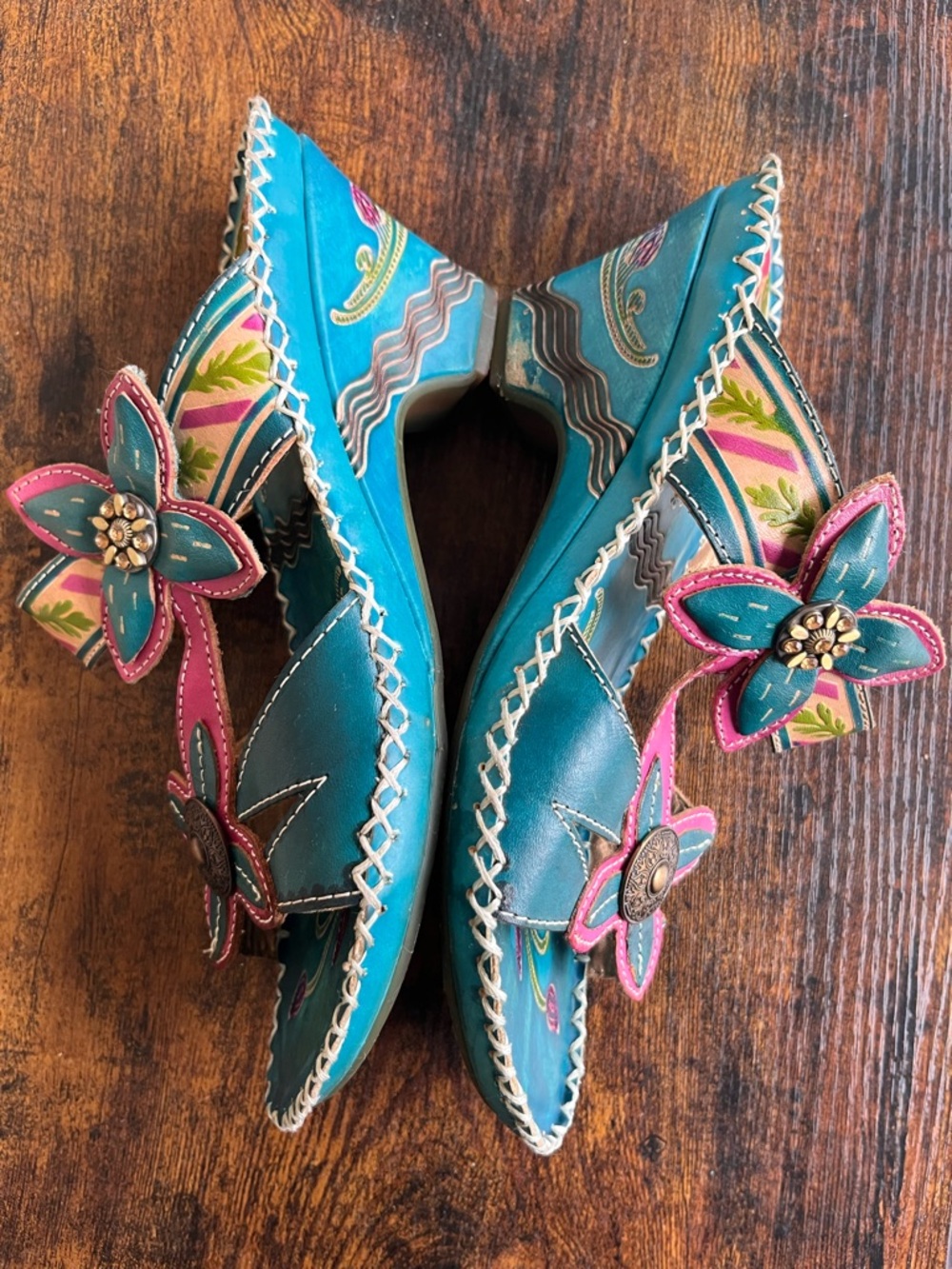 Colorful Teal Sandals with Pink Floral Accents - Picture 6 of 16